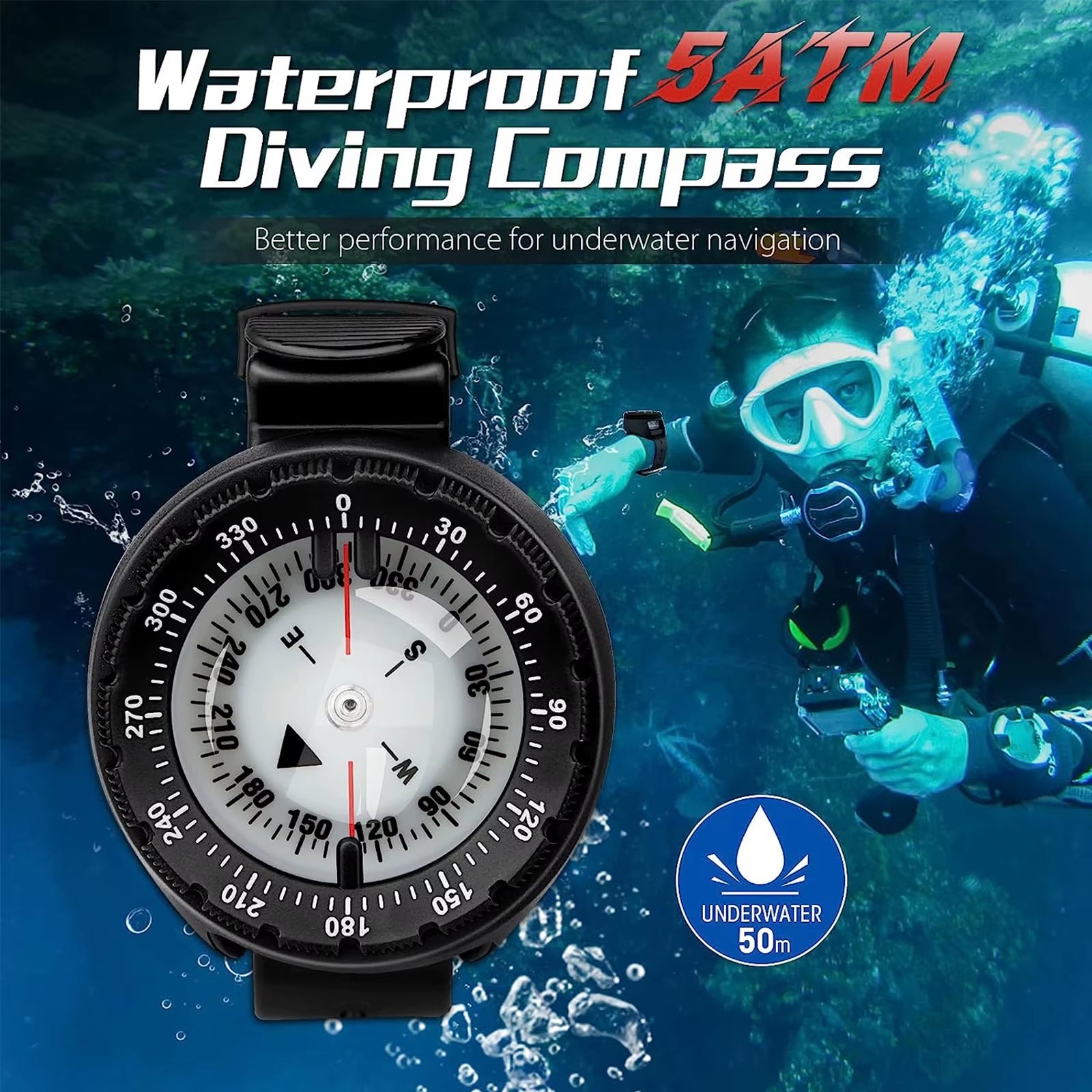 Digital Underwater 50M Diving Compass Professional Waterproof Navigator Digital Scuba Luminous Balanced Watch for Swimming
