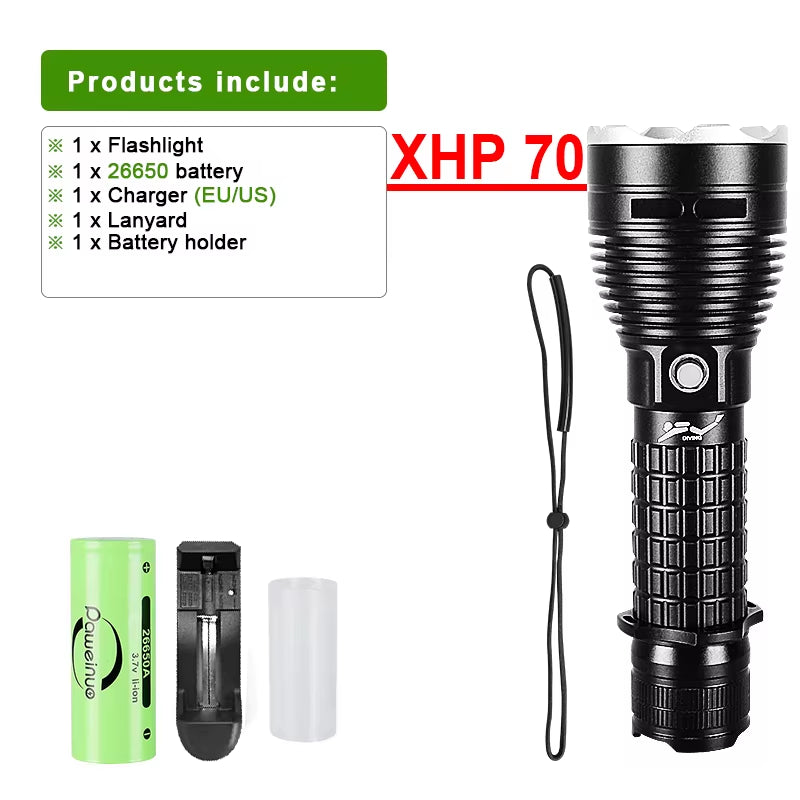 High Power Diving Flashlight IP68 Highest Waterproof Rating Professional Diving Light Powered by 18650 Battery with Hand Rope