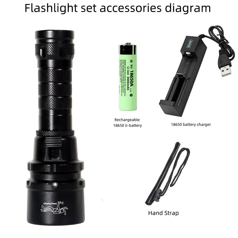 High Power Diving Flashlight IP68 Highest Waterproof Rating Professional Diving Light Powered by 18650 Battery with Hand Rope