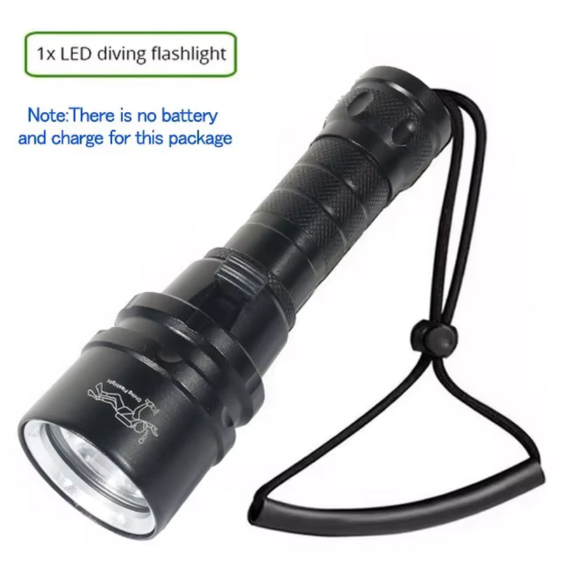 High Power Diving Flashlight IP68 Highest Waterproof Rating Professional Diving Light Powered by 18650 Battery with Hand Rope