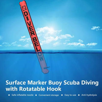 Surface Marker Buoy Scuba Diving with Rotatable Hook Sausage Signal Tube SMB Inflatable Nozzle Floating Accessory