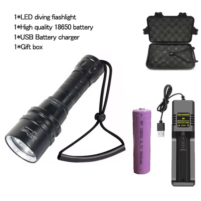 High Power Diving Flashlight IP68 Highest Waterproof Rating Professional Diving Light Powered by 18650 Battery with Hand Rope