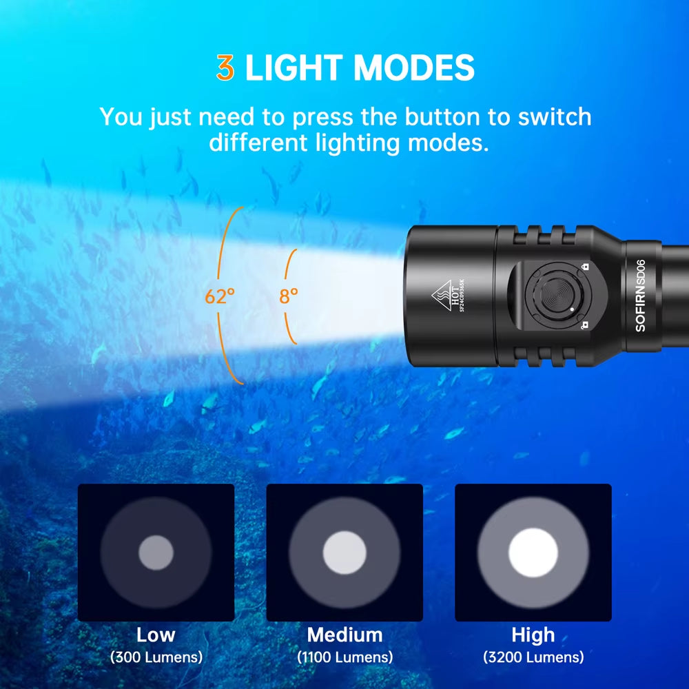 SD06 Diving Flashlight 3200Lm SFT70 Powerful 21700 Underwater Diving Lantern Range 472M Deep Scuba Torch IP68 Waterproof
