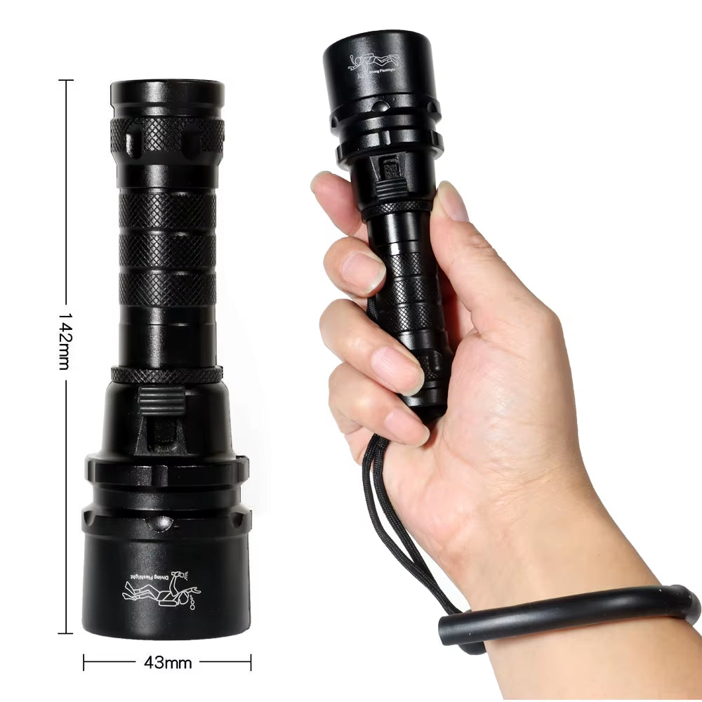 High Power Diving Flashlight IP68 Highest Waterproof Rating Professional Diving Light Powered by 18650 Battery with Hand Rope