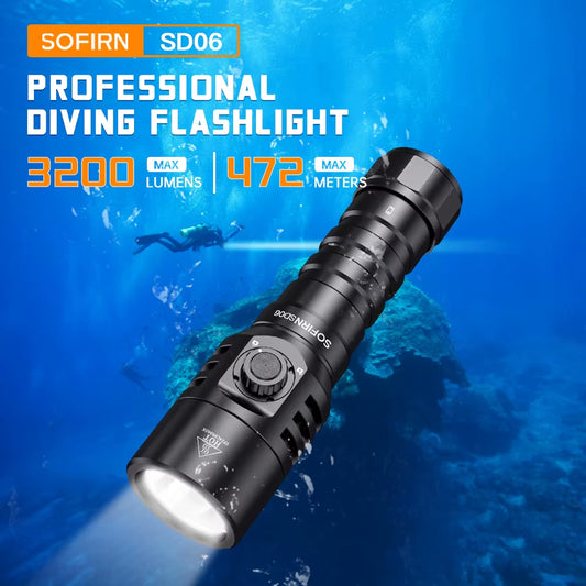 SD06 Diving Flashlight 3200Lm SFT70 Powerful 21700 Underwater Diving Lantern Range 472M Deep Scuba Torch IP68 Waterproof