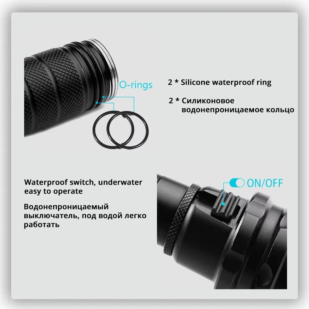 High Power Diving Flashlight IP68 Highest Waterproof Rating Professional Diving Light Powered by 18650 Battery with Hand Rope