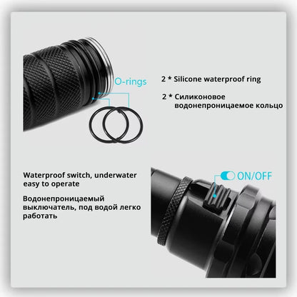 High Power Diving Flashlight IP68 Highest Waterproof Rating Professional Diving Light Powered by 18650 Battery with Hand Rope