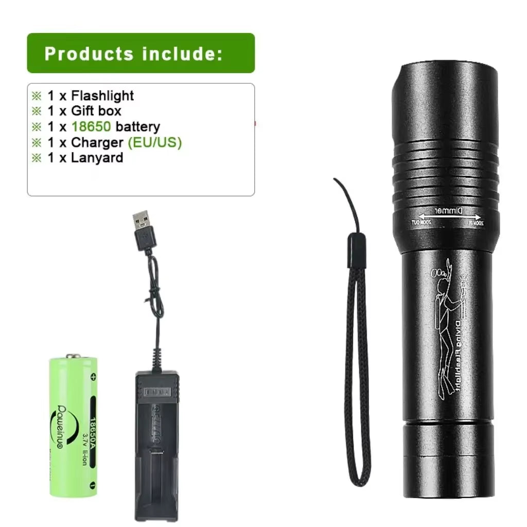 High Power Diving Flashlight IP68 Highest Waterproof Rating Professional Diving Light Powered by 18650 Battery with Hand Rope