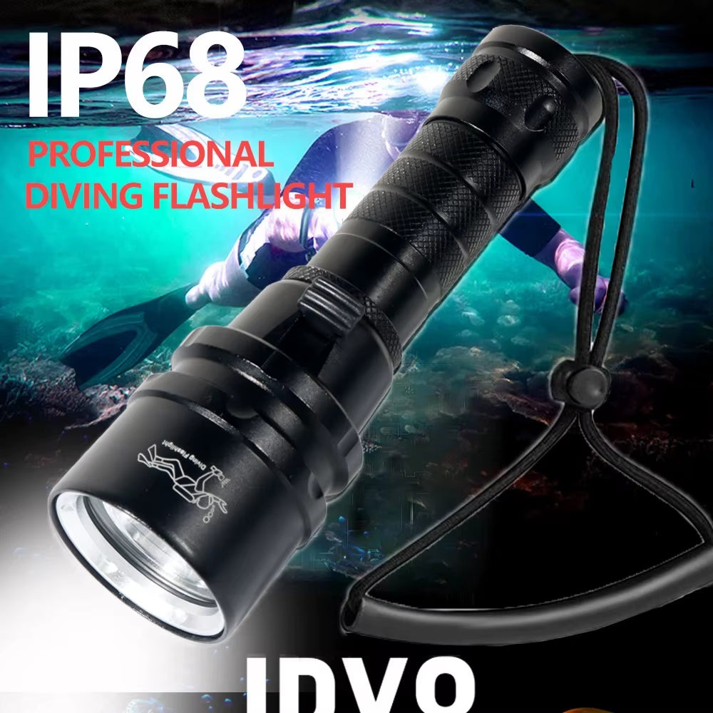 High Power Diving Flashlight IP68 Highest Waterproof Rating Professional Diving Light Powered by 18650 Battery with Hand Rope