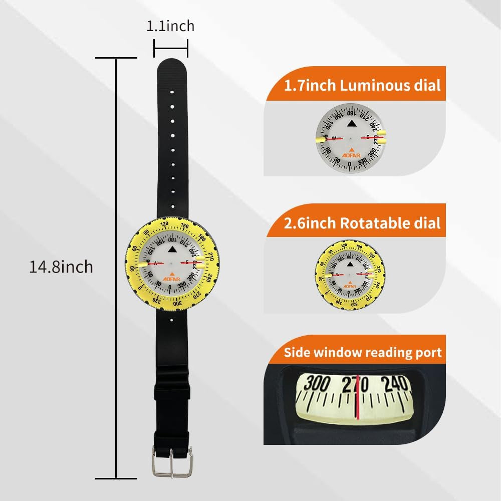 Dive Compass AF-Q60A Waterproof, Durable, Compact. Wrist Strap Type Compass for Sailing, Diving, Wrist Strap Type