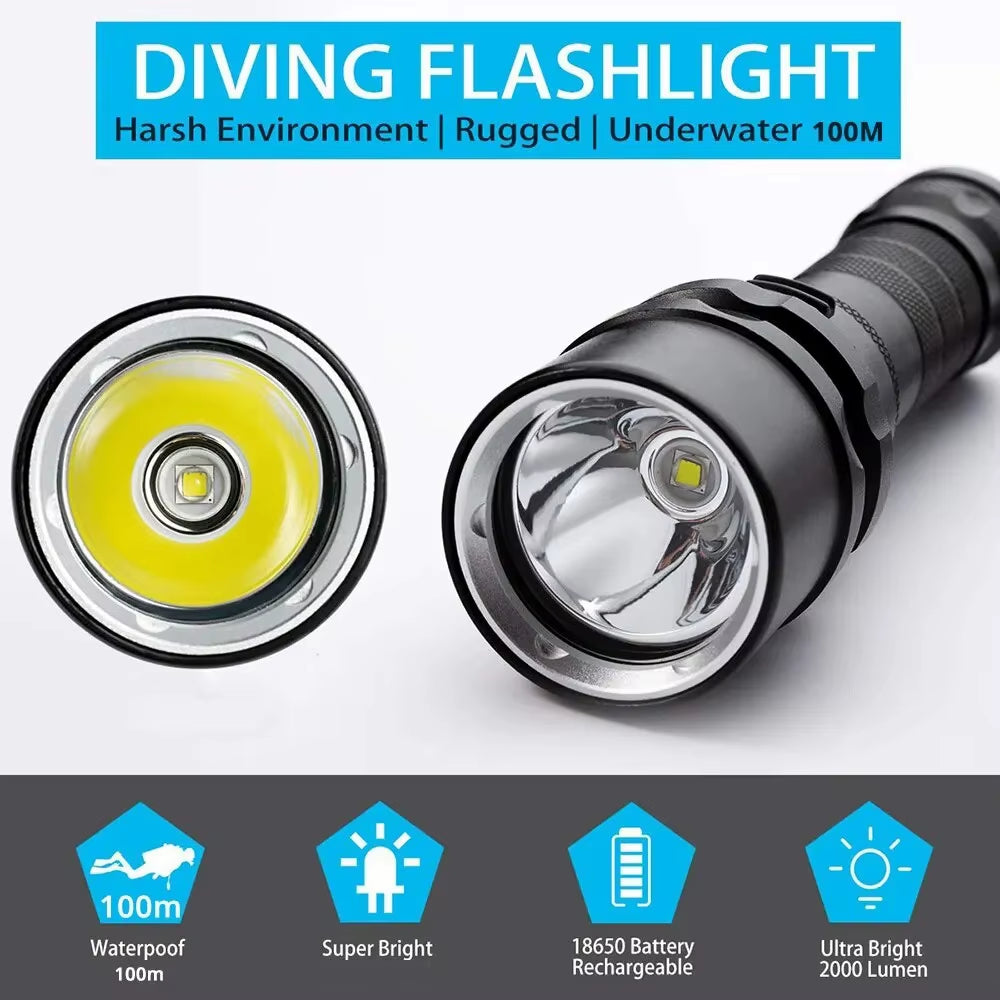 High Power Diving Flashlight IP68 Highest Waterproof Rating Professional Diving Light Powered by 18650 Battery with Hand Rope