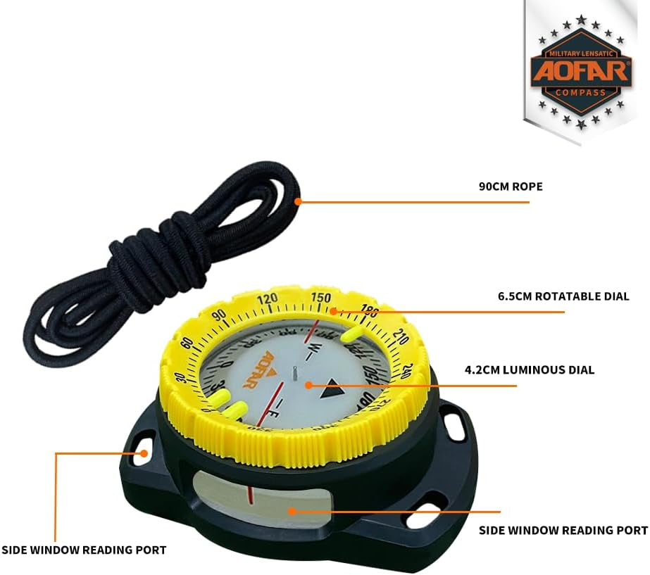 Dive Compass AF-Q60B Waterproof, Durable, Compact. Drawstring Style Compass for Sailing, Diving, Drawstring Style