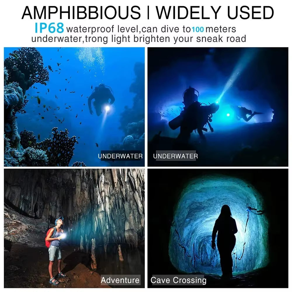 High Power Diving Flashlight IP68 Highest Waterproof Rating Professional Diving Light Powered by 18650 Battery with Hand Rope