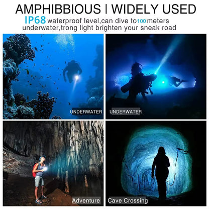 High Power Diving Flashlight IP68 Highest Waterproof Rating Professional Diving Light Powered by 18650 Battery with Hand Rope