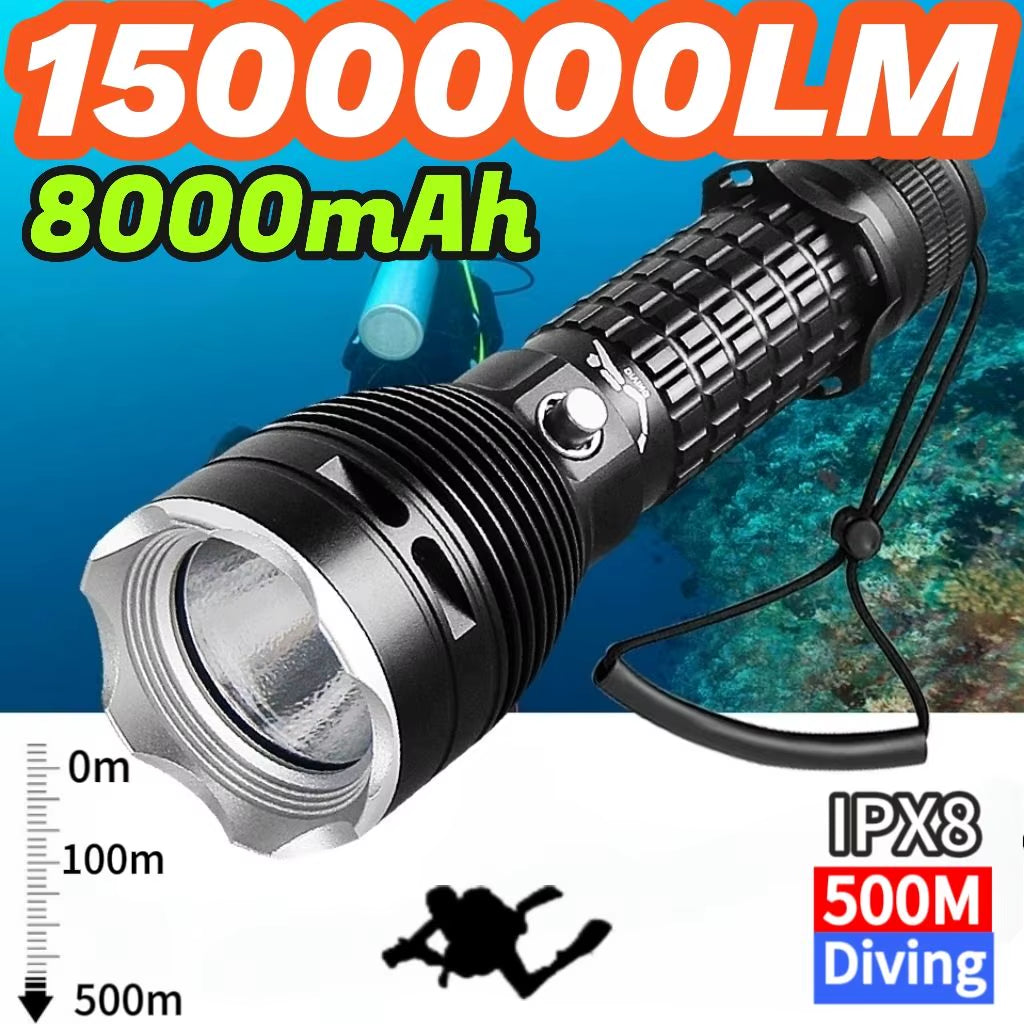 High Power Diving Flashlight IP68 Highest Waterproof Rating Professional Diving Light Powered by 18650 Battery with Hand Rope