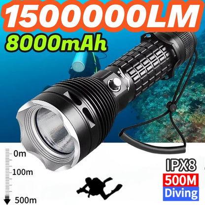 High Power Diving Flashlight IP68 Highest Waterproof Rating Professional Diving Light Powered by 18650 Battery with Hand Rope